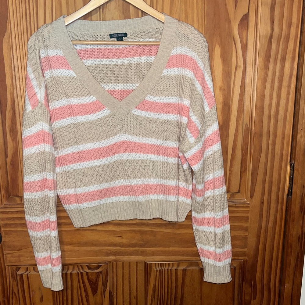 Wild Fable V-Neck Sweater - cropped Pink and Tan Stripes